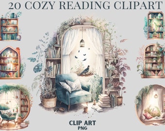 Watercolour Bookworm cozy reading corner clipart bundle, bookshelf, bookcase, aesthetic, png, clipart bundle, library, interiour