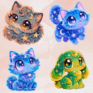 Puede incluir: Cuatro ilustraciones caprichosas de animales con tem&aacute;tica celestial. Un gato gris y naranja con estrellas y una luna creciente, un gato azul con una luna creciente y estrellas, un gato azul con una luna creciente y estrellas, y un conejo verde con una luna creciente y estrellas.