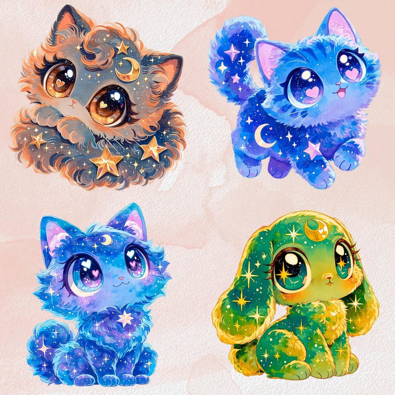 Puede incluir: Cuatro ilustraciones caprichosas de animales con tem&aacute;tica celestial. Un gato gris y naranja con estrellas y una luna creciente, un gato azul con una luna creciente y estrellas, un gato azul con una luna creciente y estrellas, y un conejo verde con una luna creciente y estrellas.