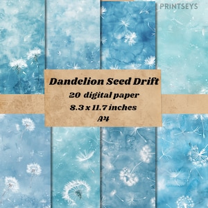 Fundo de papel digital de semente de dente de leão, fundo de natureza, papel de diário de sucata, fundo azul celeste com sementes de dente de leão brancas