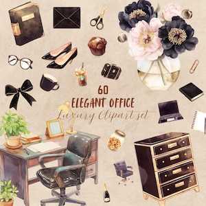 Elegant Black Gold Office digitale stickerbundel, aquarel office-clipartset, transparante goodnote png, transparante journaaldownload