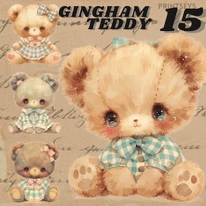 Cute Pastel Gingham Teddy  bear digital sticker, vintage animal clipart bundle, transparent,instant download, teddy clipart, vintage plushie