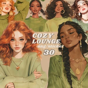 Sage Lounge vrouwelijke winter digitale stickers, esthetische journaling, donkere vrouwelijke png, schattige grillige sticker, transparant, plakboekset