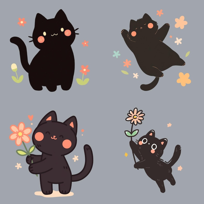 May include: Four black cats with pink cheeks are depicted in a cartoon style. The cats are surrounded by flowers in various colours, including pink, yellow, and orange. One cat is holding a pink flower, another is flying in the air, and the other two are standing on the ground.