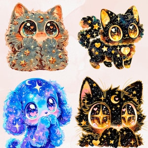 Puede incluir: Cuatro ilustraciones caprichosas de animales con tem&aacute;tica celestial. Un gato gris con estrellas y lunas, un gato negro con estrellas doradas, un perro azul con estrellas y un gato negro con estrellas doradas y una luna creciente. Ojos grandes.