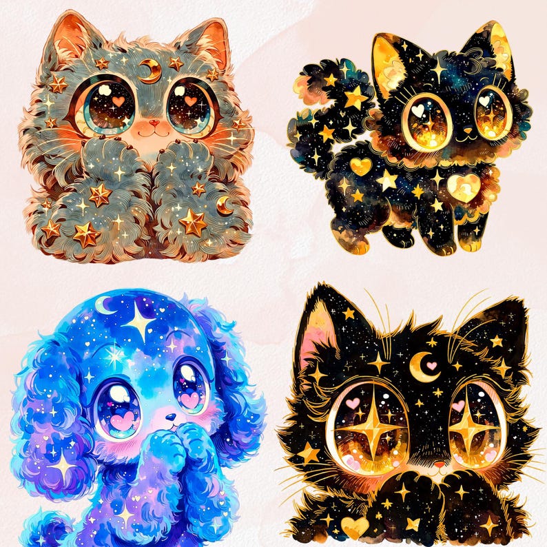 Puede incluir: Cuatro ilustraciones caprichosas de animales con tem&aacute;tica celestial. Un gato gris con estrellas y lunas, un gato negro con estrellas doradas, un perro azul con estrellas y un gato negro con estrellas doradas y una luna creciente. Ojos grandes.