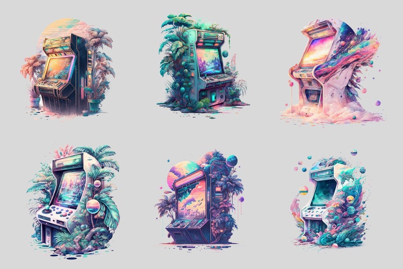 Watercolour Vintage Arcade Machine Clipart Bundle Pastel Neon - Etsy