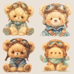 Söt vintage nallebjörn pilot digitalt klistermärke, vintage flygplan clipart paket, transparent clipart, omedelbar nedladdning, vintage nalle leksaksflygplan bild 6