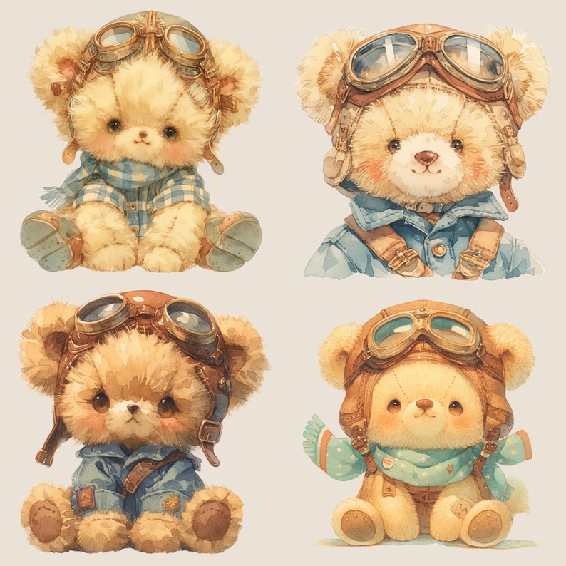 Söt vintage nallebjörn pilot digitalt klistermärke, vintage flygplan clipart paket, transparent clipart, omedelbar nedladdning, vintage nalle leksaksflygplan bild 6