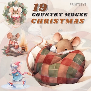 Simpatico pacchetto di clipart per topi di campagna di Natale in acquerello, vacanza accogliente, simpatici animali, download istantaneo, png, trasparente, commerciale