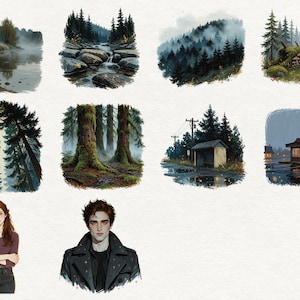 May include: A collection of digital illustrations featuring misty riverbanks, rocky streams, dense pine forests, mossy tree trunks, a roadside bus stop, a glowing building at night, and two character portraits with brown hair and dark clothing.