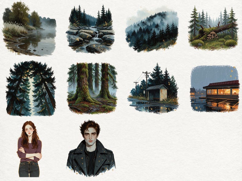 May include: A collection of digital illustrations featuring misty riverbanks, rocky streams, dense pine forests, mossy tree trunks, a roadside bus stop, a glowing building at night, and two character portraits with brown hair and dark clothing.