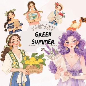 Ambiance grecque Summer Digital goodnotes Stickers, lot de cliparts cottagecore aquarelle, png mignon, ensemble de journalisation numérique floral, transparent