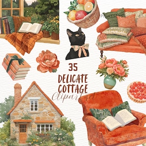 Conjunto de imágenes prediseñadas de acuarela de estilo rústico Cottagecore, pegatinas digitales de estilo cabaña acogedora, PNG de estética vintage, descarga instantánea de gráficos de planificador comercial