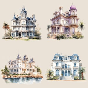 May include: Four watercolor paintings of ornate, white, and light blue mansions with intricate details. Each mansion has a unique architectural style and is surrounded by lush greenery.