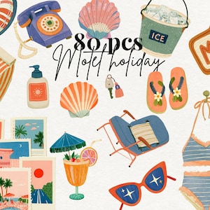 May include: A collection of 80 digital illustrations featuring a red and white lifebuoy, a purple rotary phone, seashells, an ice bucket, a motel sign, a striped bag, sunscreen, a key, flip-flops, photos, a cocktail, a chair, and a bikini.