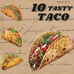 Taco Digital stickers, Fast food png, , taco clipart, journaling, food journal, transparent, commercial, watercolour style