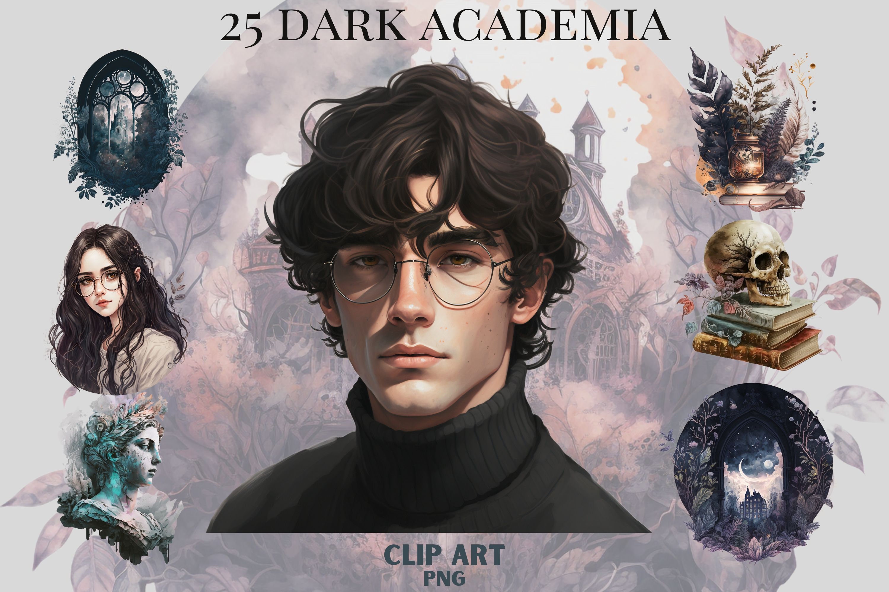 Dark Academia Aesthetic Clip Art, Hand Drawn, Old Fashioned
