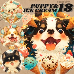 happy Puppy and Ice Cream digital stickers, very cute puppy clipart, summer png, adorable journaling, transparent  png, junk journaling
