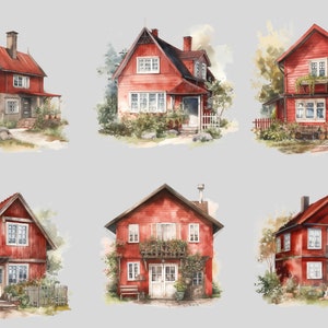 May include: Six watercolor illustrations of red houses with white trim and windows. Each house has a unique design and is surrounded by greenery.