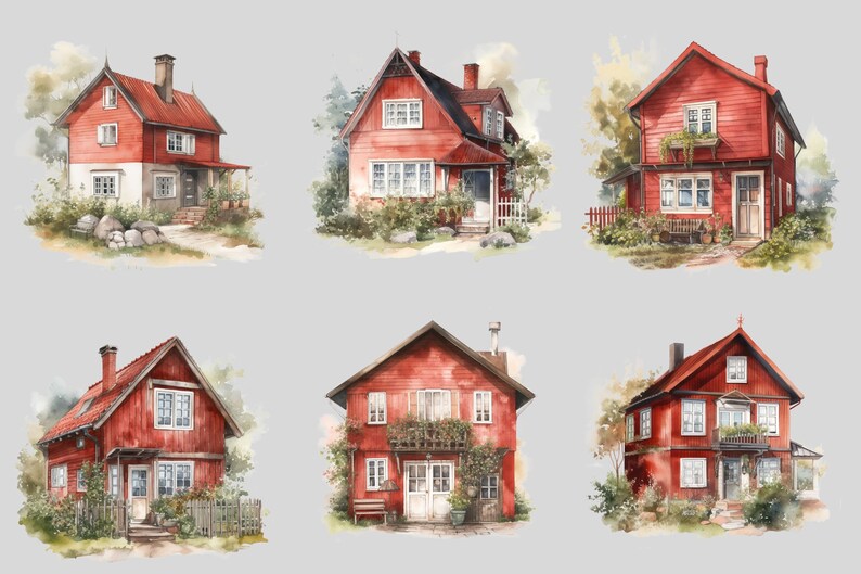 May include: Six watercolor illustrations of red houses with white trim and windows. Each house has a unique design and is surrounded by greenery.