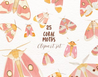 May include: A set of 25 digital clipart images of coral moths. The moths are illustrated in a watercolor style with pink, white, and yellow colors. The moths are in various poses and sizes. The text "25 Coral Moths Clipart Set" is written in brown text on a white background.
