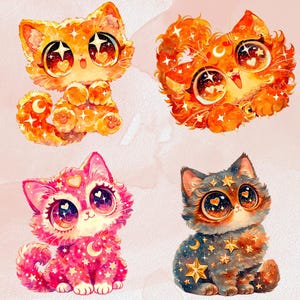 Puede incluir: Cuatro ilustraciones de gatos caprichosos. Cada gato presenta ojos grandes con detalles de coraz&oacute;n y estrella. Los gatos son en tonos naranja, rosa y azul, adornados con estrellas y lunas crecientes. El estilo es lindo y fant&aacute;stico.