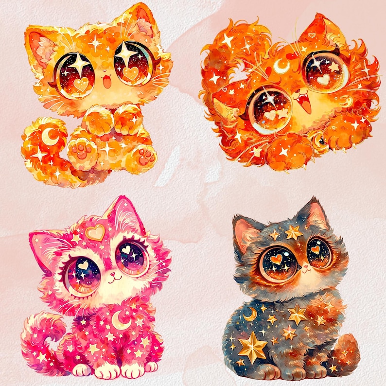 Puede incluir: Cuatro ilustraciones de gatos caprichosos. Cada gato presenta ojos grandes con detalles de coraz&oacute;n y estrella. Los gatos son en tonos naranja, rosa y azul, adornados con estrellas y lunas crecientes. El estilo es lindo y fant&aacute;stico.