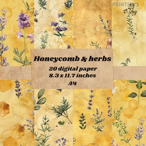 Honecomb and Herbs Carta digitale, sfondo naturale, carta per diario spazzatura scrapbooking, uno sfondo giallo miele, motivo a nido d'ape esagonale