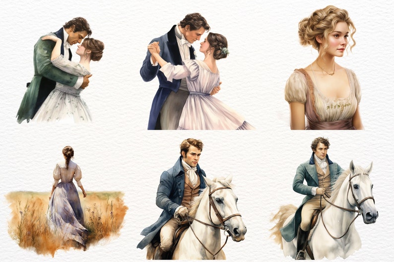 May include: Watercolor illustrations of Regency era figures. Depictions include couples dancing, a woman in a field, and a man on horseback. The color palette features soft pastels and muted tones, evoking a sense of romance and nostalgia.