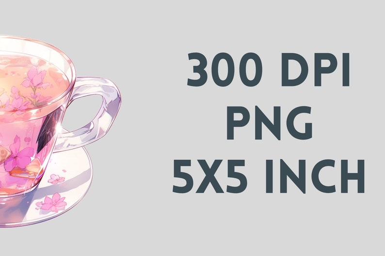 Op de afbeelding: Een illustratie van een doorzichtige glazen theekop gevuld met roze thee en bloemen, rustend op een bijpassende schotel. De afbeelding bevat de tekst "300 DPI PNG 12,7x12,7 cm".