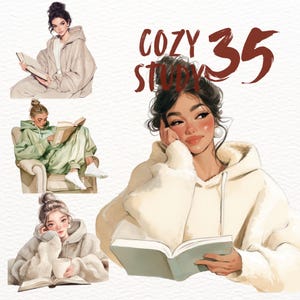 Conjunto de imágenes prediseñadas de chicas leyendo en crema de salvia acogedoras, pegatinas PNG de amantes de los libros acogedores, descarga digital del conjunto Relax Lounge, gráficos estéticos femeninos