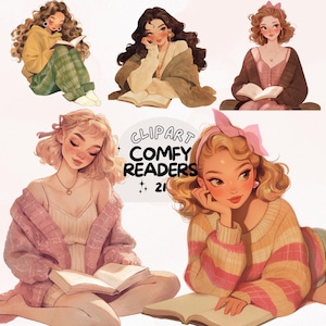 May include: Digital illustration of five women reading books in comfortable settings. The image includes the text "Clipart Comfy Readers 21". The women are depicted in various outfits, including sweaters and cardigans, with soft color palettes.