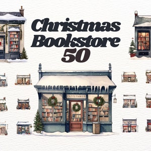 Watercolour Christmas Bookstore CLipart bundle, festive christmas, bookworm, cozy, christmas tree, winter reading, scrapbooking, png, minima