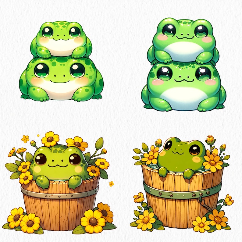 May include: Four cartoon frogs, two are stacked on top of each other, and two are sitting in wooden tubs with yellow flowers. The frogs are green with big eyes and smiles.