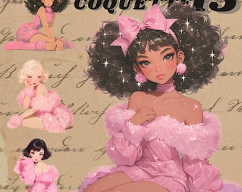 Pink sparkly coquette Girl digital stickers, retro femme clipart bundle,vintage 80s girly png stickers, journaling, scrapbooking, shimmery