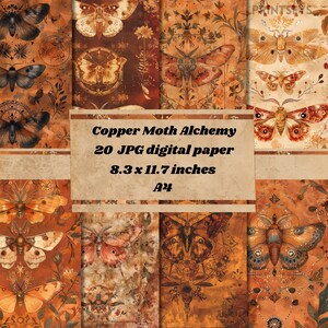 Copper Moth Alchemy Digital Paper,  vintage mystical texture paper, scrapbook  textures, achemy warm copper tones paper instant download