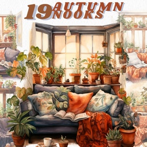 Aquarela Cosy Autumn Nooks, pacote de clipart, cottagecore, outono aconchegante, transparente, download instantâneo, clipart de casa de inverno, leitura