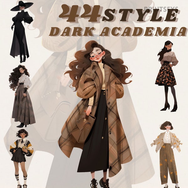 Stylish Dark Academia fashion outfit clipart bundle, dark aesthetic png, mystical, spooky, transparent , instant download, vintage fashion