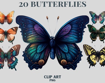 Miglior pacchetto clipart farfalle colorate, farfalla Png, farfalle esotiche, colori vivaci, illustrazioni in bundle, licenza commerciale