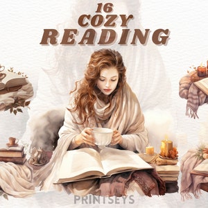 Pacchetto di clipart di lettura accogliente dell'acquerello, clipart accogliente, lanci, pigne, clipart cottagecore, libri, lettura, clipart ashberry, topo di biblioteca