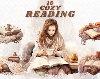 Watercolour cozy  reading clipart bundle, cozy clipart, throws, pinecones, cottagecore clipart, books, reading,ashberry clipart,bookworm