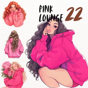 Pink Relaxed sweatshirt Girls Clipart Set, Cozy fashion PNG Sticker Bundle, Oversized hoodie Digital Download, Feminine Aesthetic Graphic