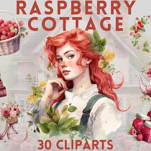 Watercolour Raspberry Cottagecore Clipart Bundle , Cottage living, farm life, countryside, chickens, rustic living, rose, berry clipart