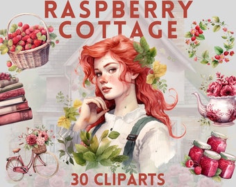 Watercolour Raspberry Cottagecore Clipart Bundle , Cottage living, farm life, countryside, chickens, rustic living, rose, berry clipart