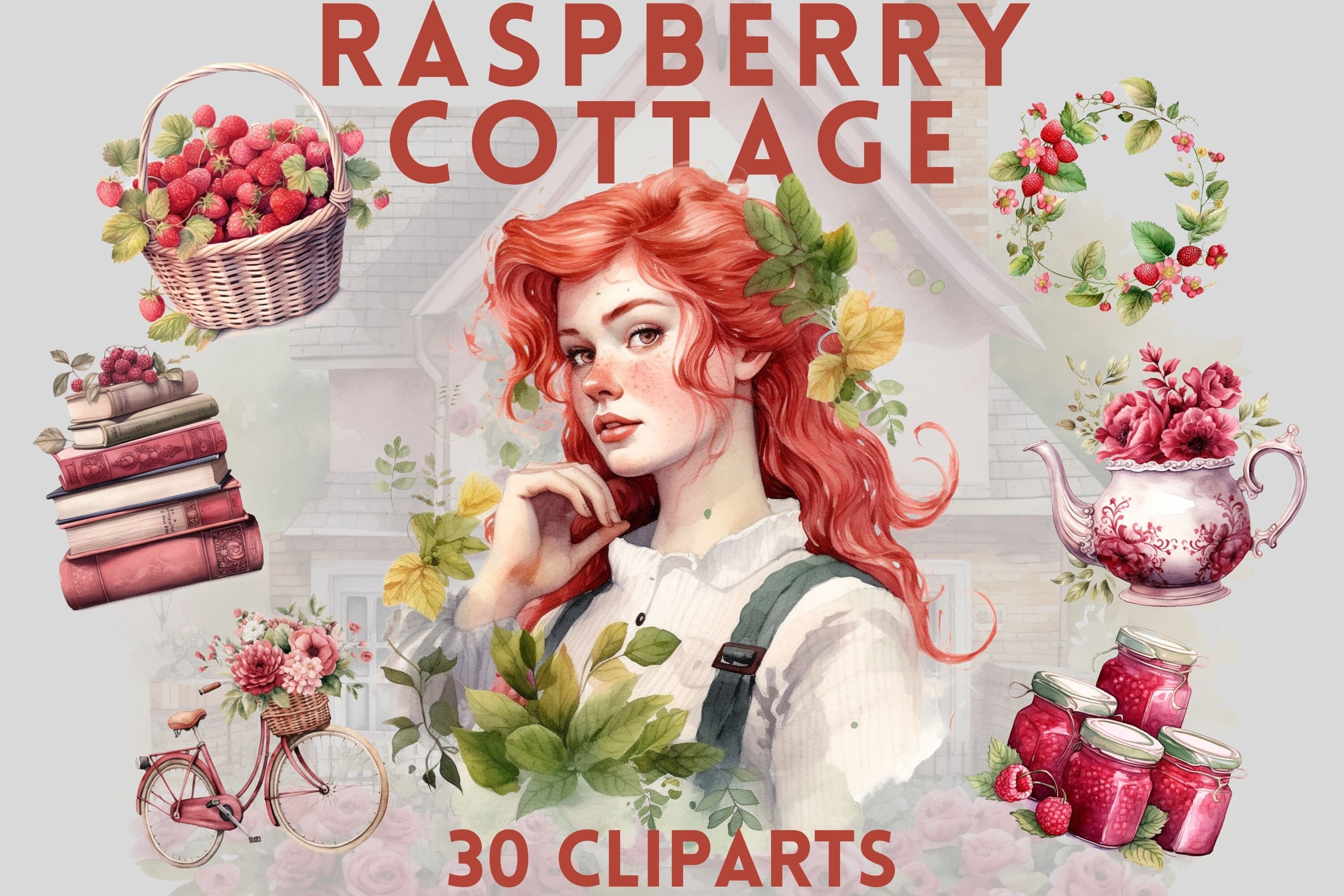 Watercolour Raspberry Cottagecore Clipart Bundle , Cottage Living, Farm ...