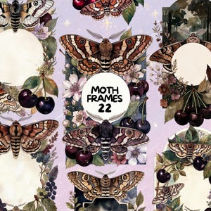 May include: A digital art print featuring a collection of moth illustrations with intricate wing patterns, surrounded by floral arrangements and ripe cherries. The text "MOTH FRAMES 22" is displayed in a white circle. The background is a soft lavender color.