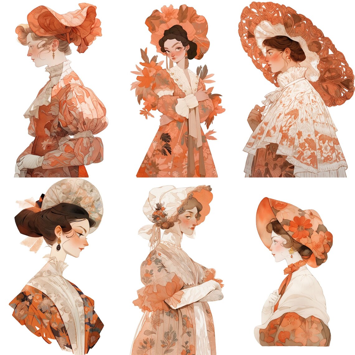 Burnt Orange Royal Ladies Clipart Bundle, Regency,rococo, Victorian Png ...