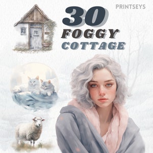 Aquarell Grau Foggy Cottagecore Clipart Bundle, Cottage Wohnen, Herbst, Winter, Natur, Eule, rustikales Wohnen, graues Wollhäuschen, Vintage
