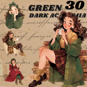 Waldgrün dunkel Academia Outfit digitale Aufkleber, ästhetisches Journaling, dunkle feminine png, wunderliche Aufkleber, transparent, Scrapbooking,